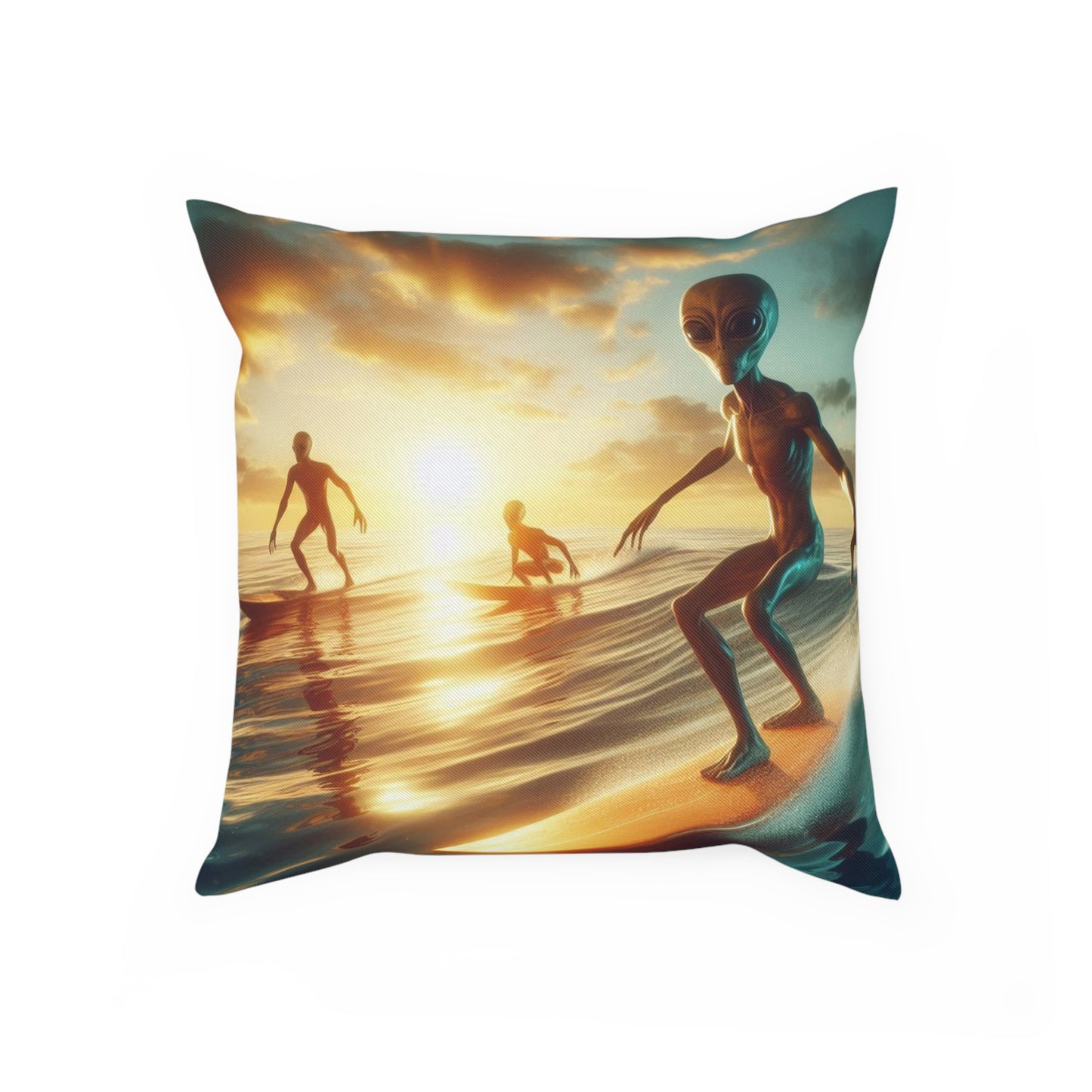 Aliens Surfing Throw Pillow