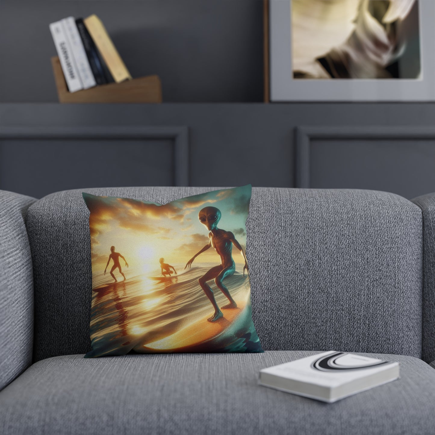 Aliens Surfing Throw Pillow