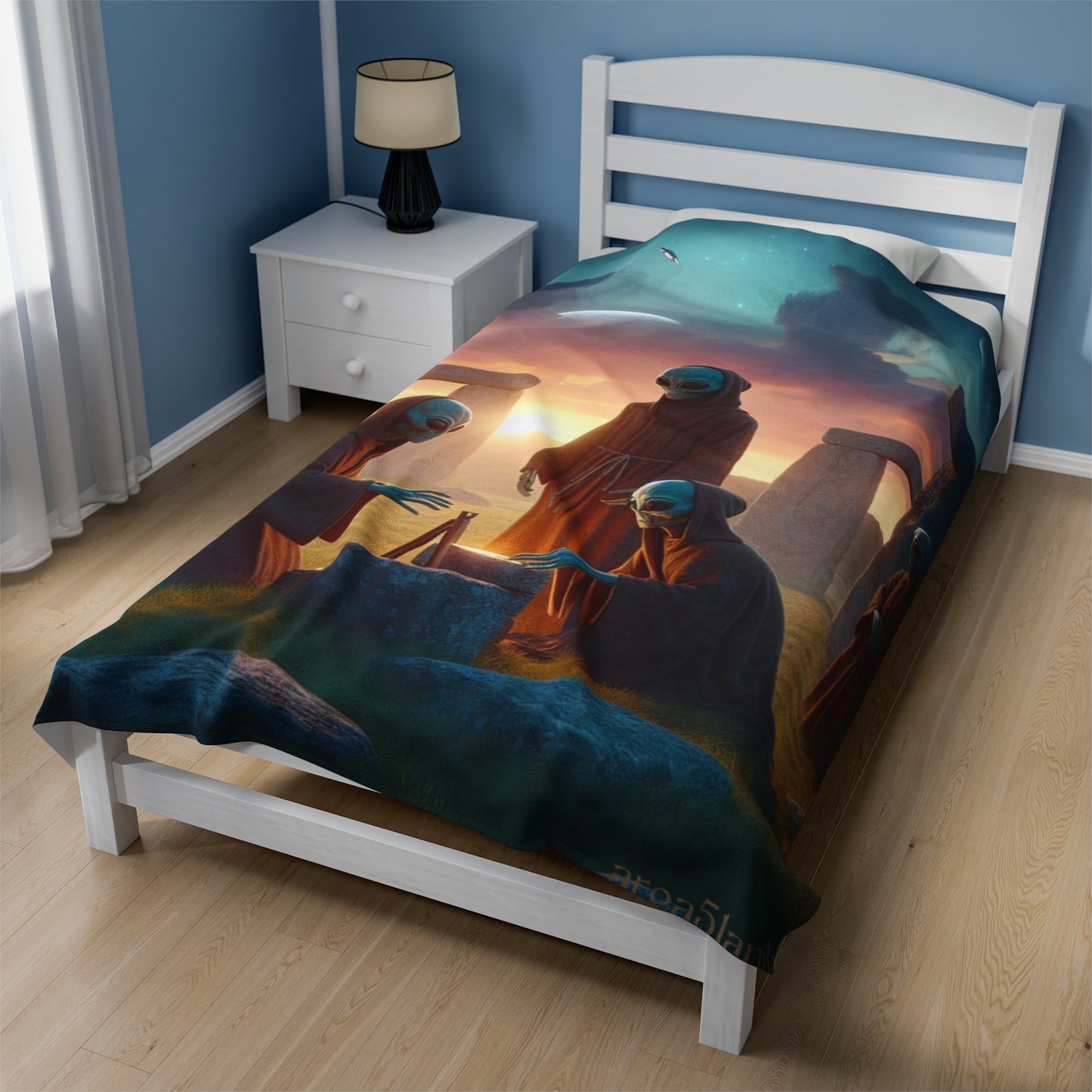 Aliens at Stonehenge at Dusk Velveteen Blanket