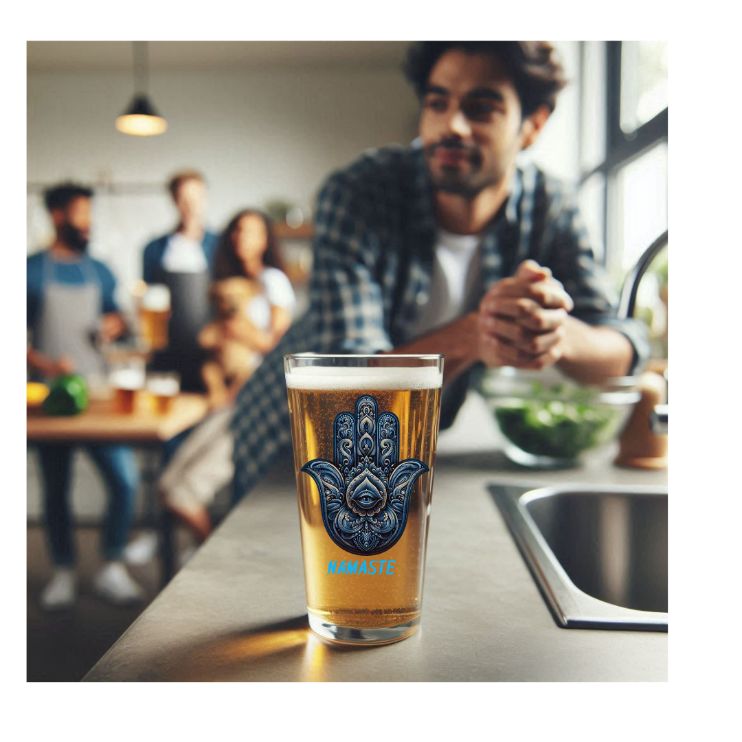 Pint Glass Namaste Hamsa Hand 16oz