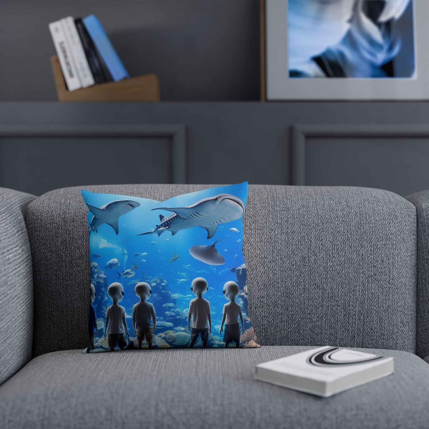 Aliens & Whale Sharks at The Aquarium Throw Pillow