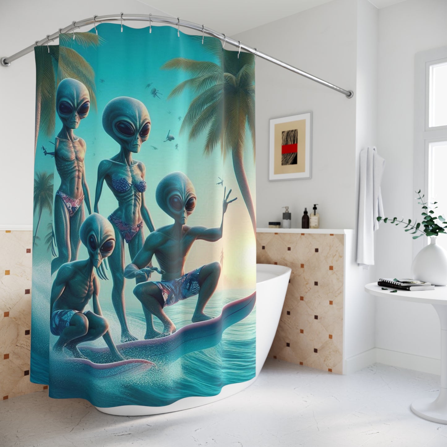 Surfing Aliens Shower Curtain