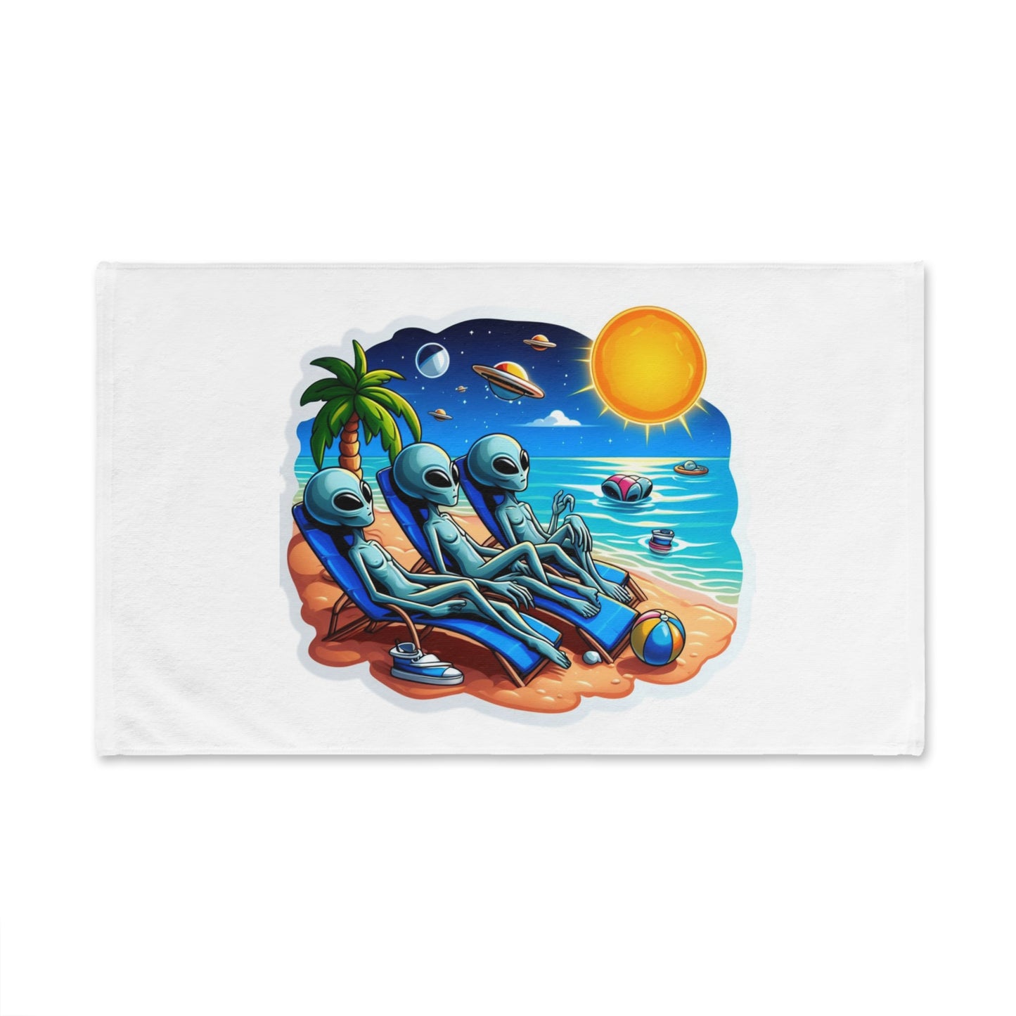 Three Aliens at the Beach Hand Towel
