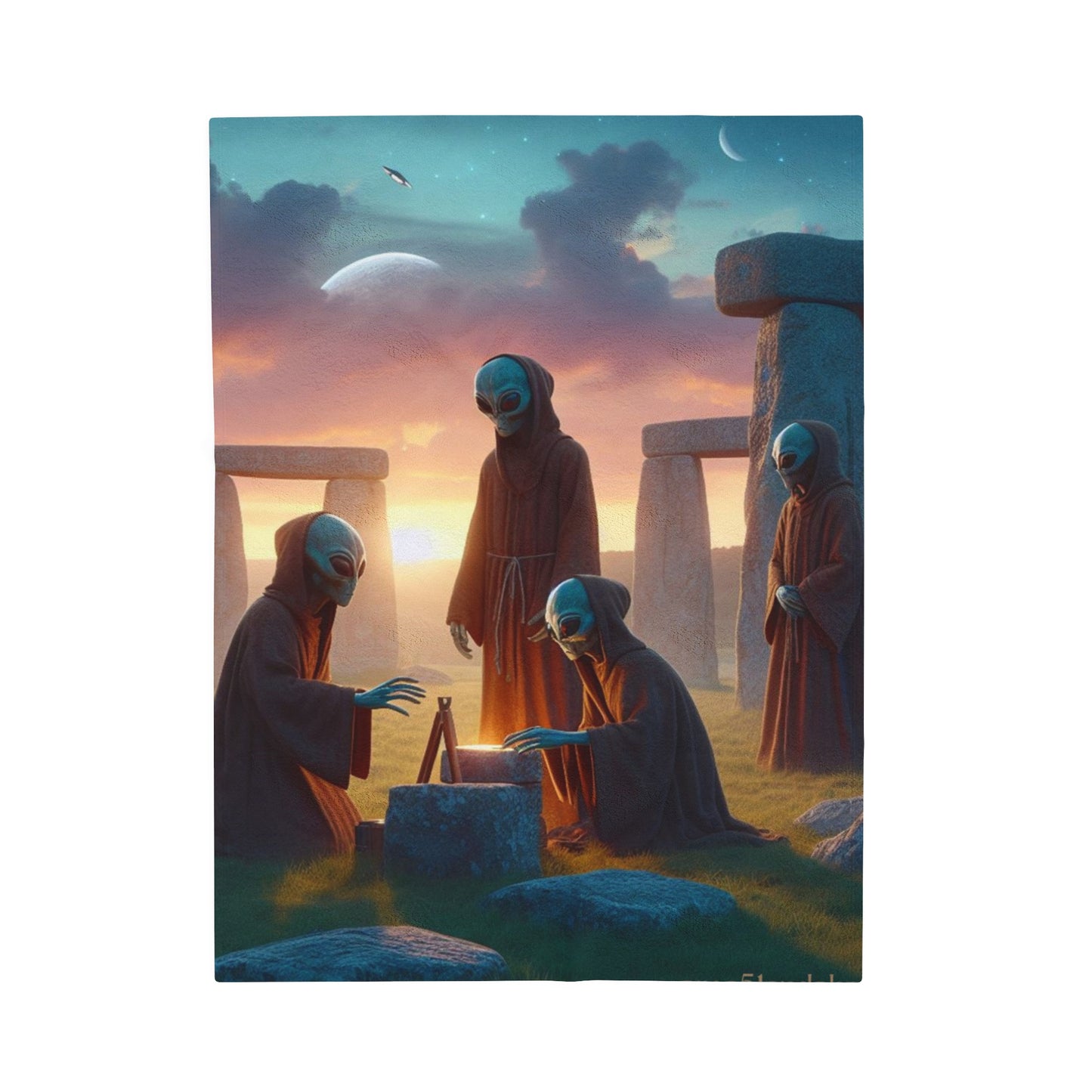 Aliens at Stonehenge at Dusk Velveteen Blanket