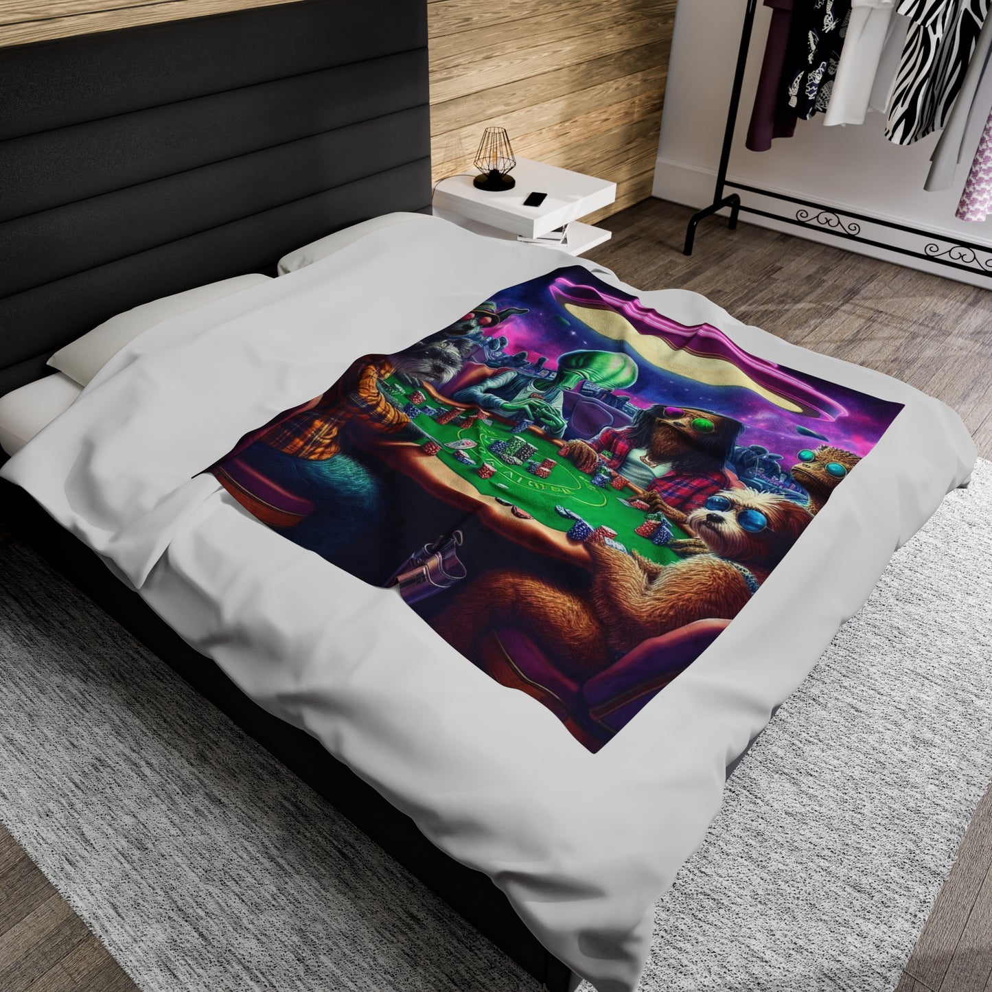 Aliens and Dogs playing Poker Velveteen Plush Blanket
