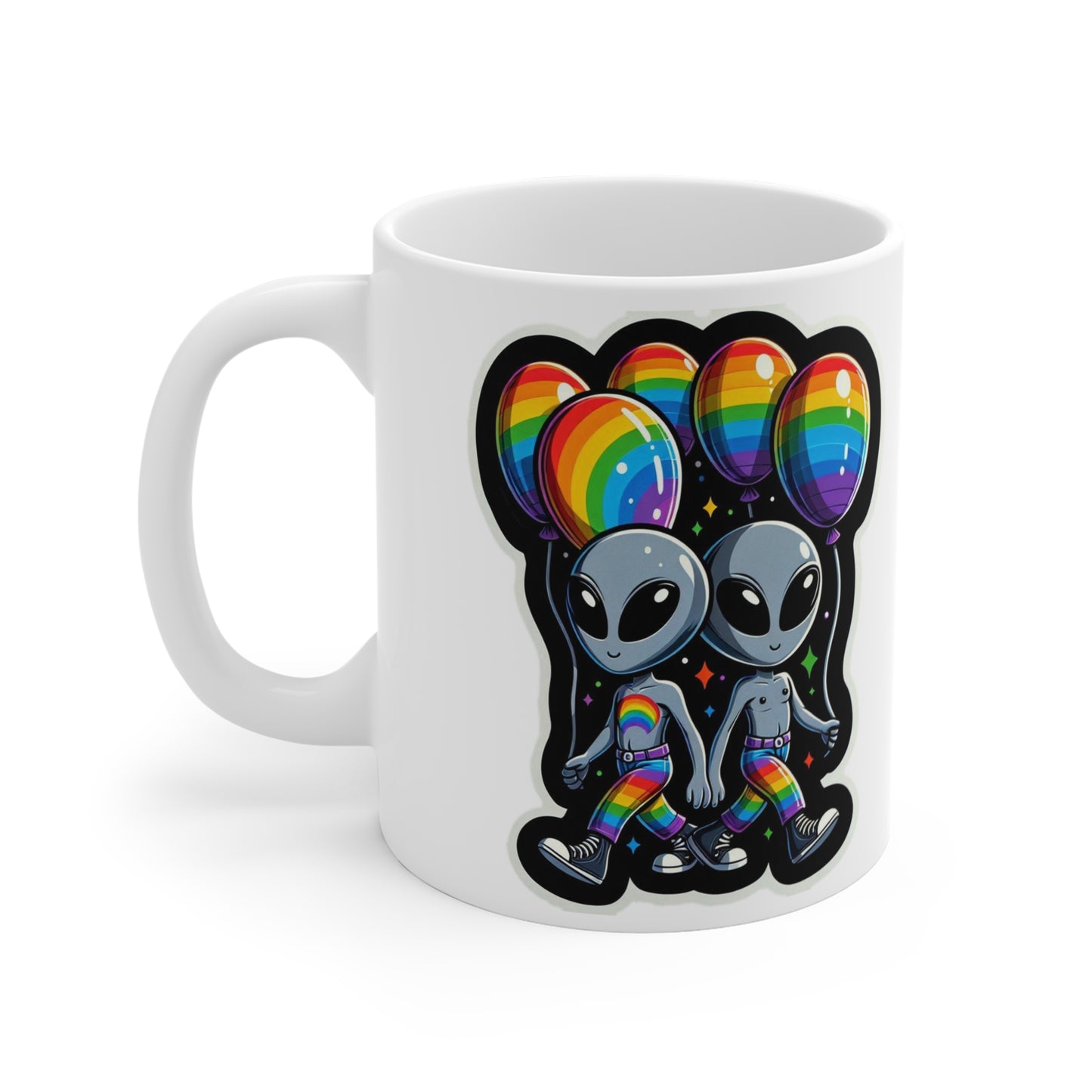 Aliens with Rainbow Balloons Mug