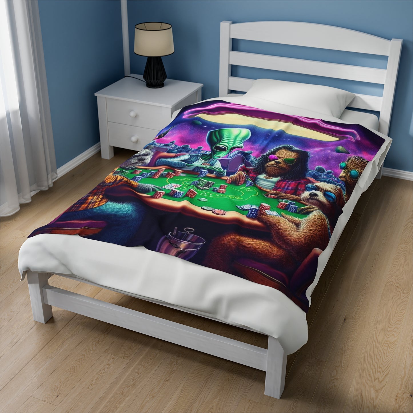 Aliens and Dogs playing Poker Velveteen Plush Blanket