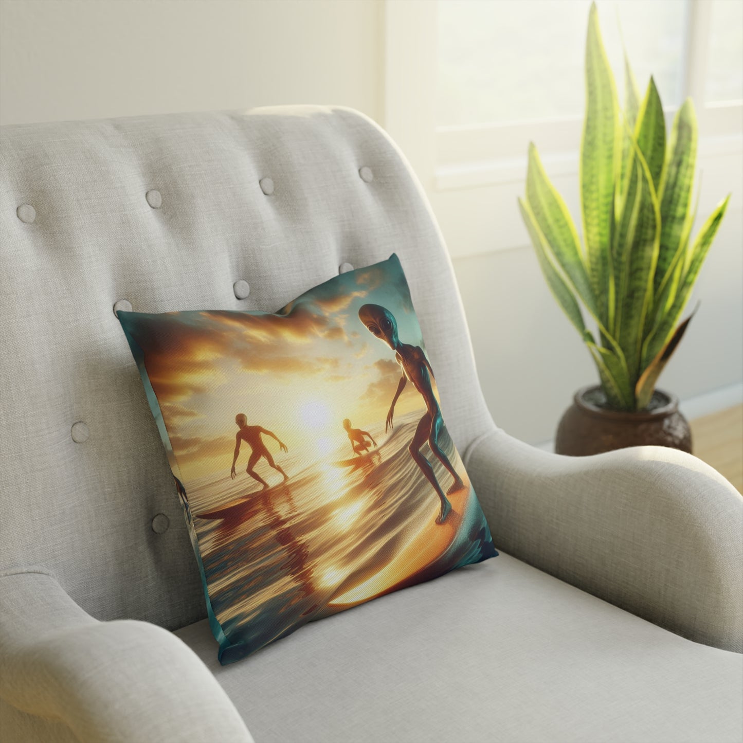 Aliens Surfing Throw Pillow