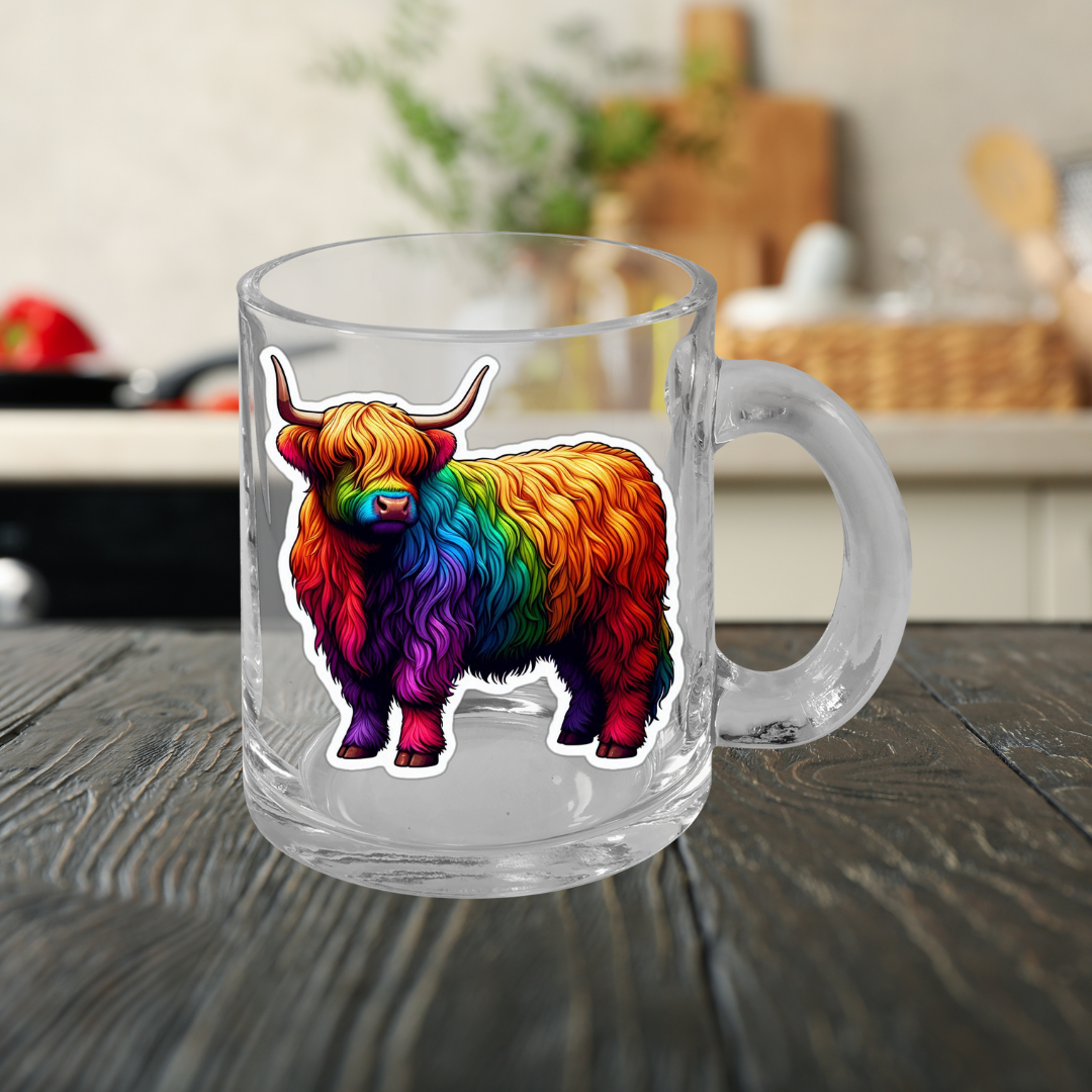 Rainbow Highland Cow Glass Mug