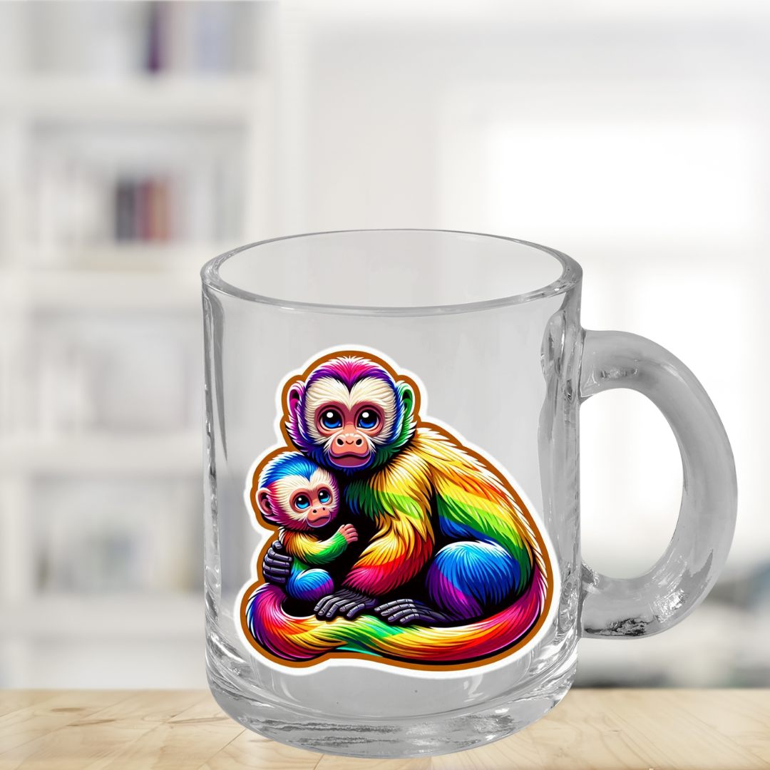 Mug - Rainbow Capuchin Mother and Child Design, Clear Glass Mug