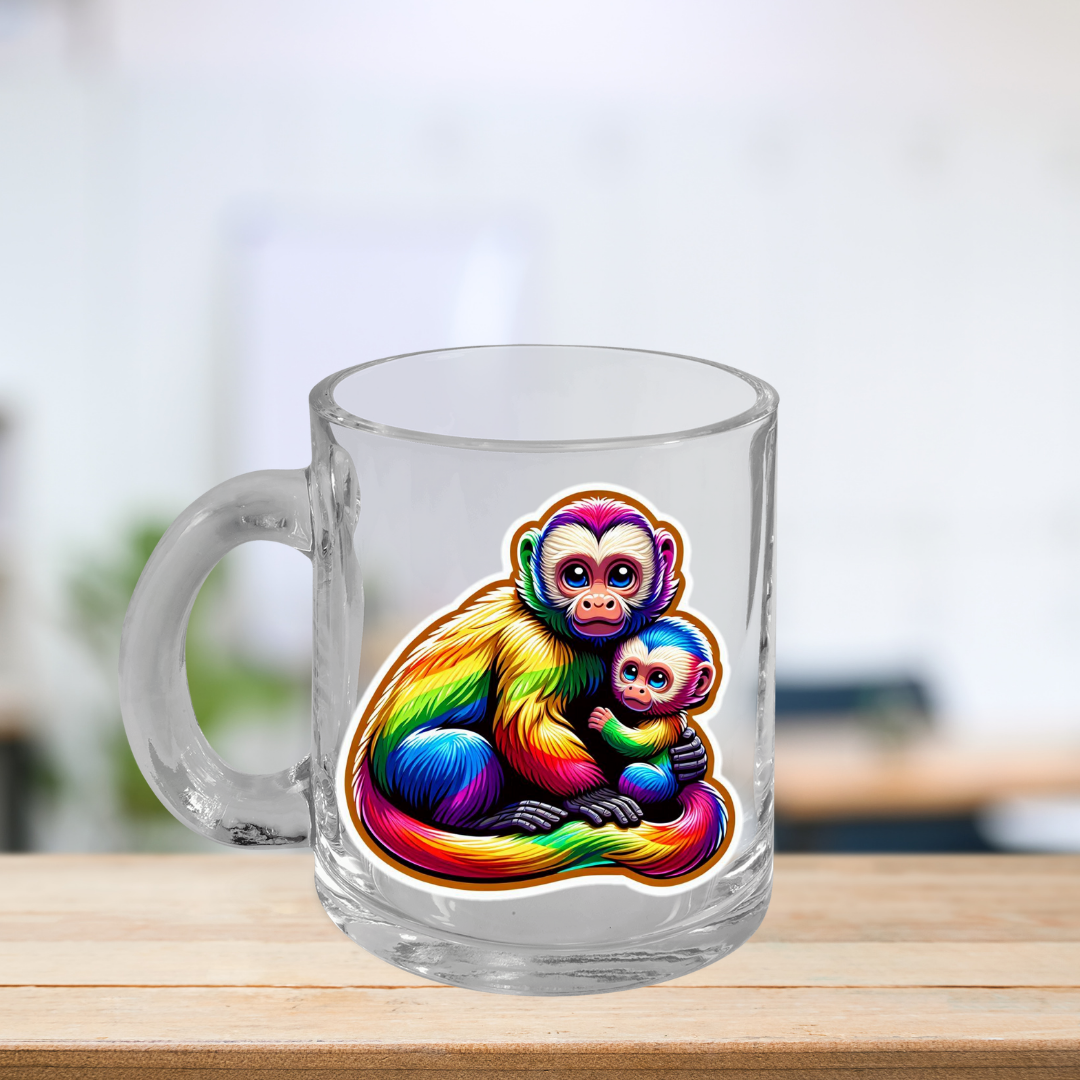 Mug - Rainbow Capuchin Mother and Child Design, Clear Glass Mug