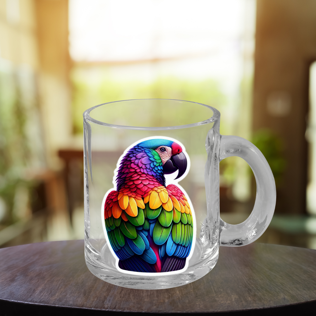 Rainbow Macaw Glass Mug with Handle, 10oz