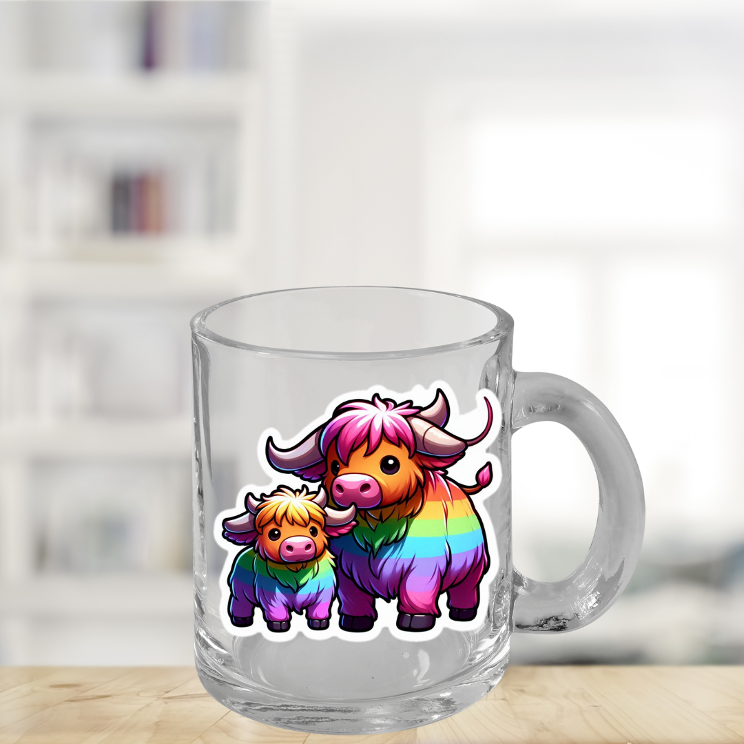 Rainbow Scottish Highlander Cows Glass Mug