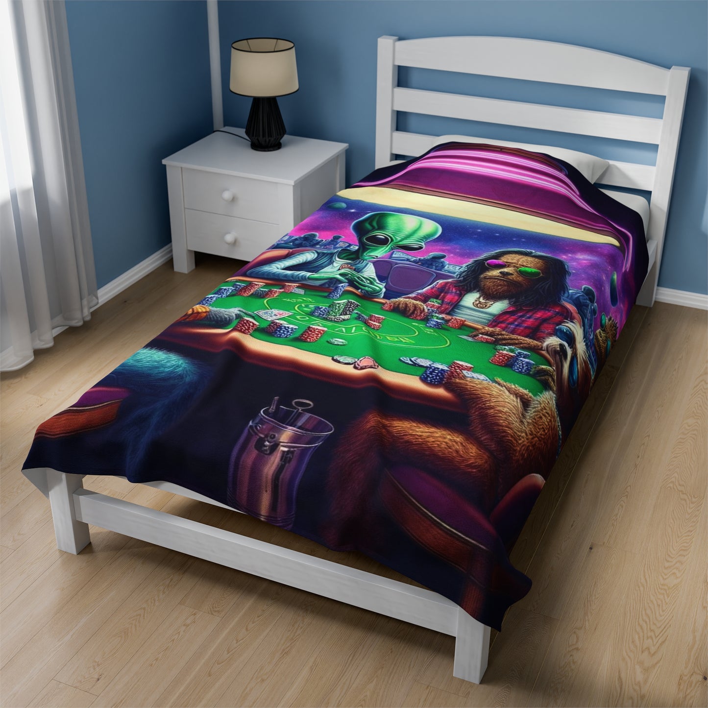 Aliens and Dogs playing Poker Velveteen Plush Blanket