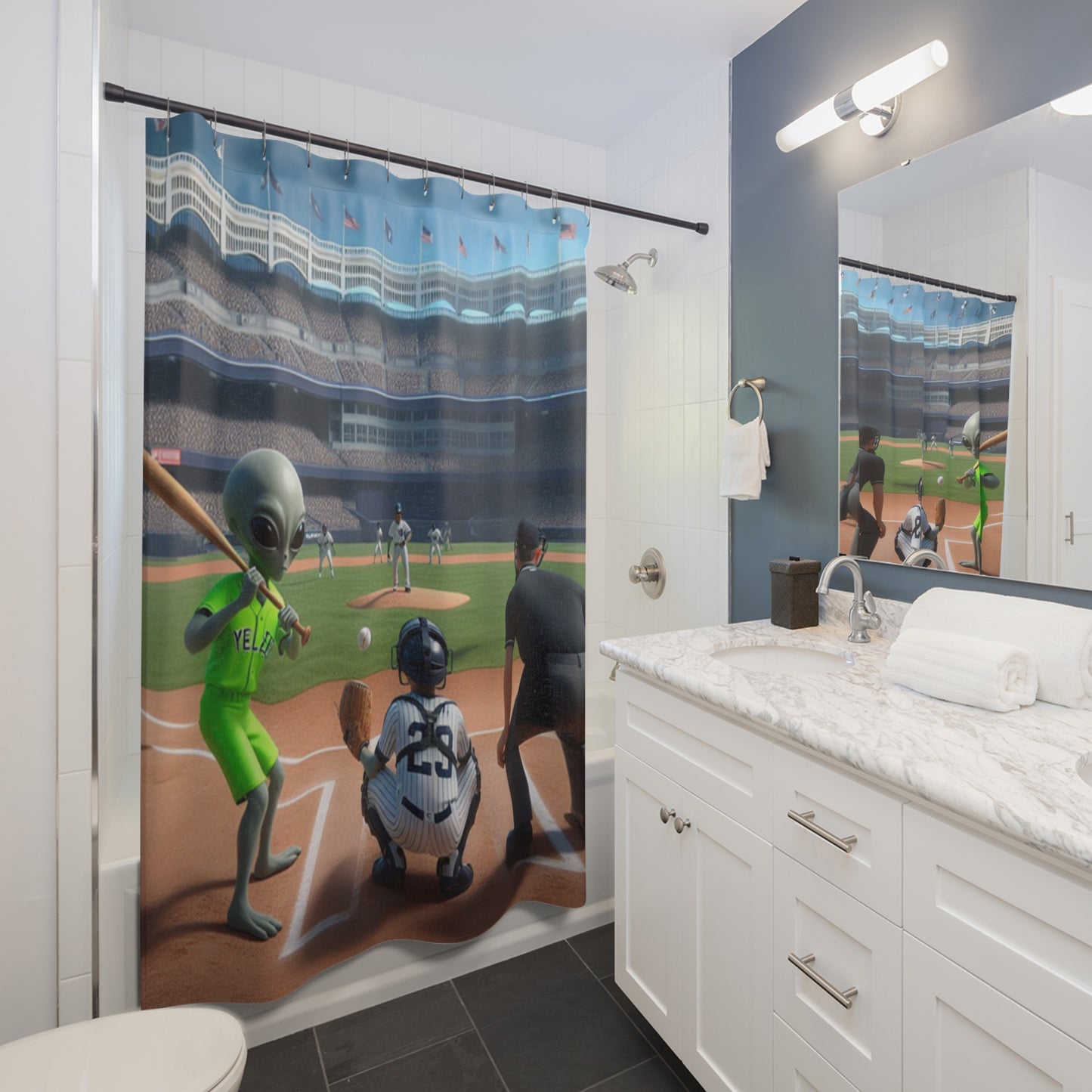 Aliens Playing Baseball Shower Curtains