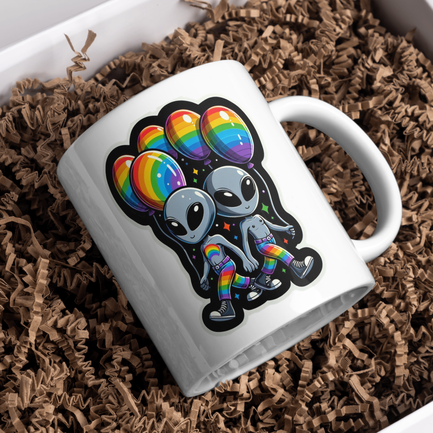Aliens with Rainbow Balloons Mug