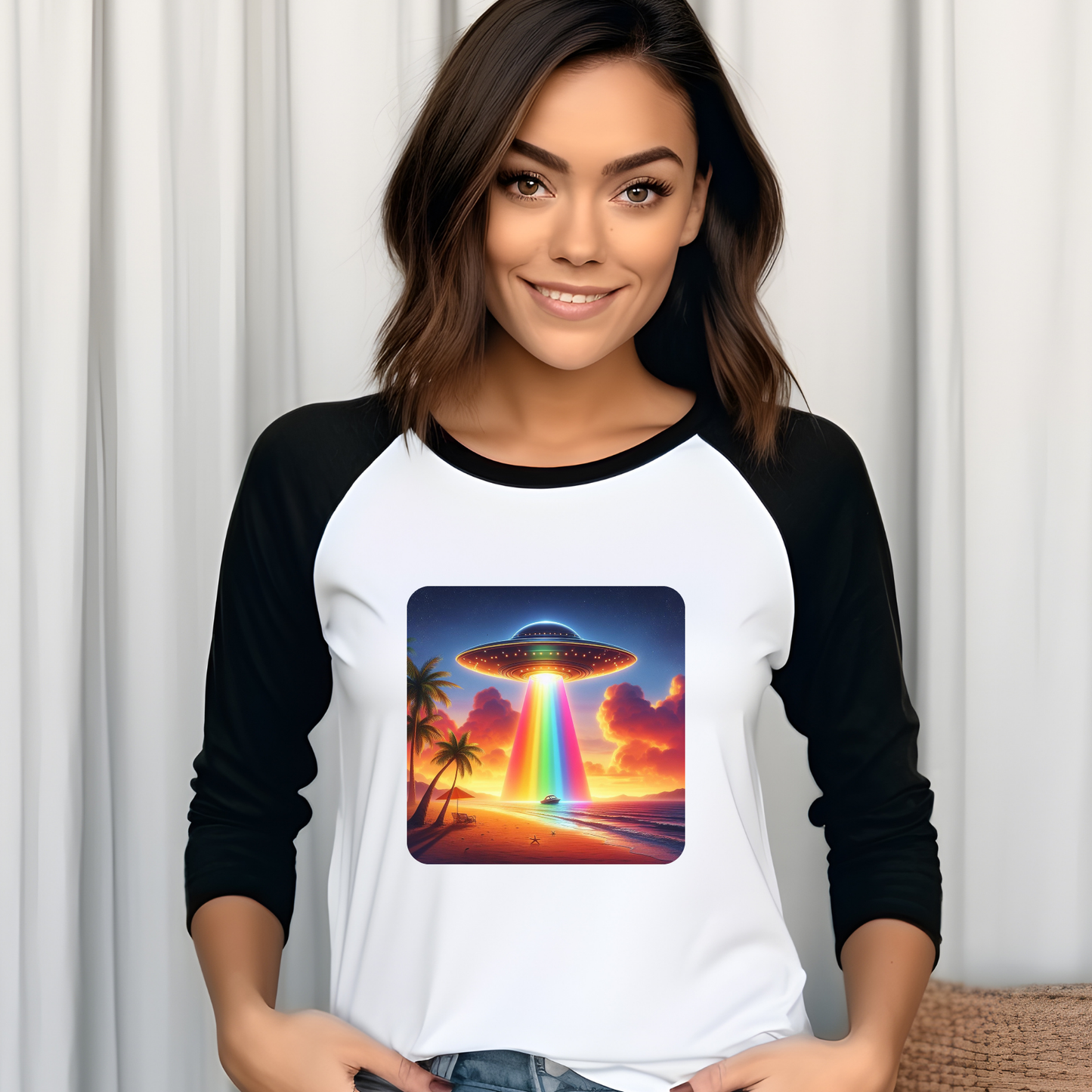 Baseball Tee with Flying Saucer Sunset Design