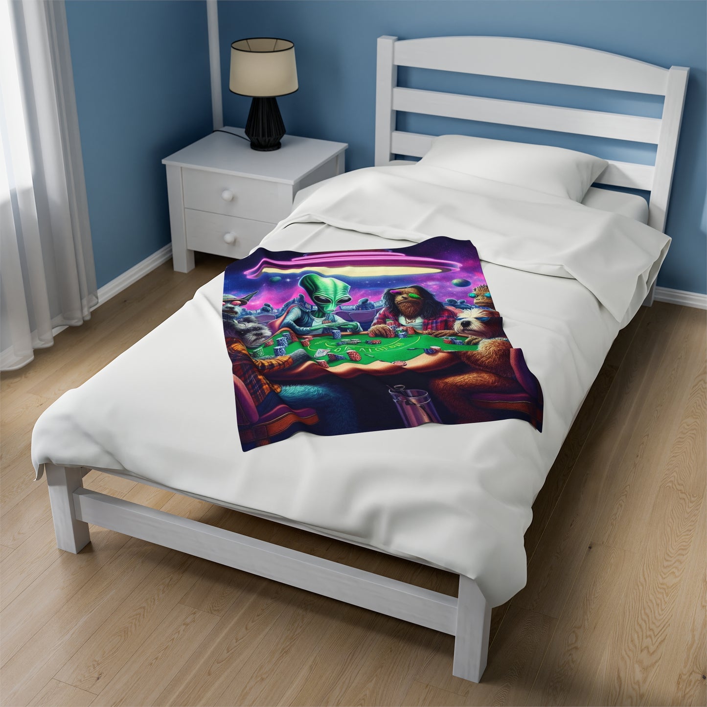 Aliens and Dogs playing Poker Velveteen Plush Blanket