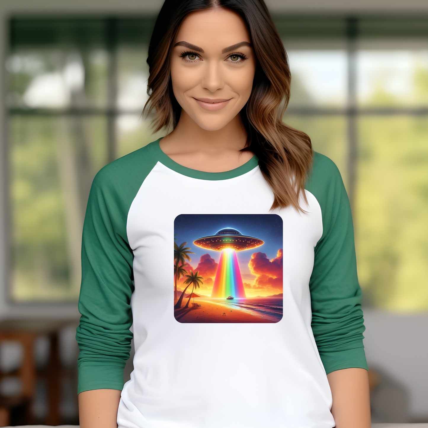 Baseball Tee with Flying Saucer Sunset Design