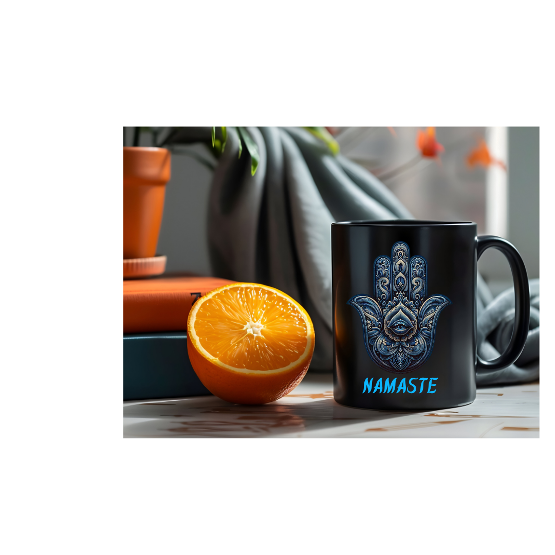 Namaste Hamsa Hand Black Mug