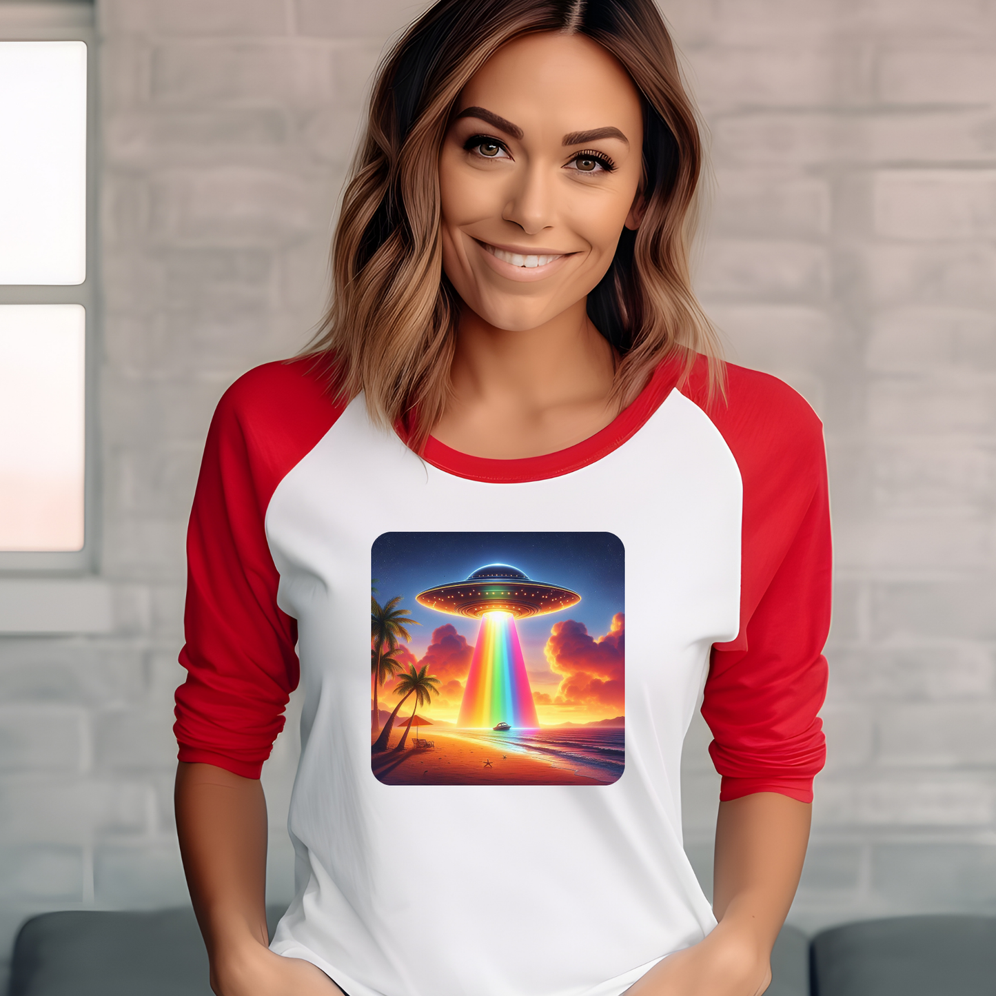 Baseball Tee with Flying Saucer Sunset Design