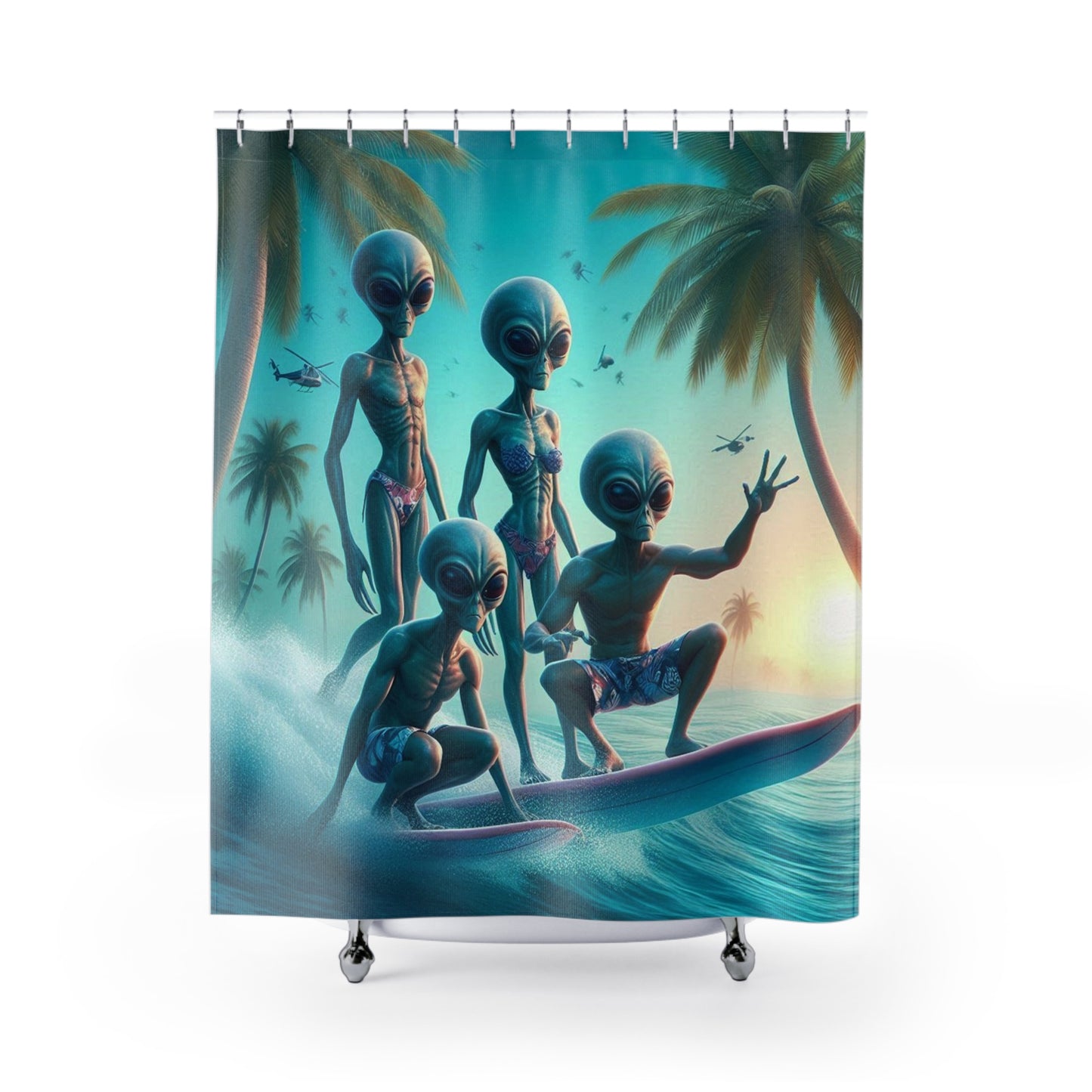 Surfing Aliens Shower Curtain