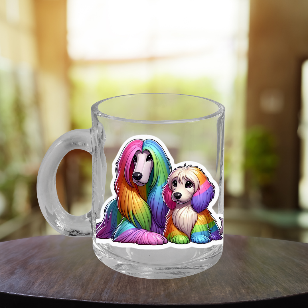 Rainbow Afghan Hounds Glass Mug with Handle, 10oz