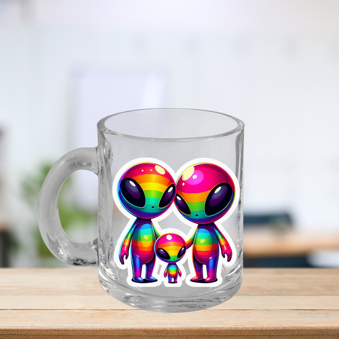 Rainbow Aliens Glass Mug with Handle, 10oz