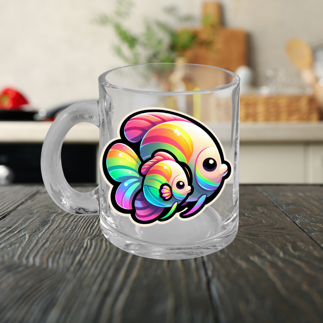 Rainbow Cartoon Angelfish Glass Mug with Handle, 10oz