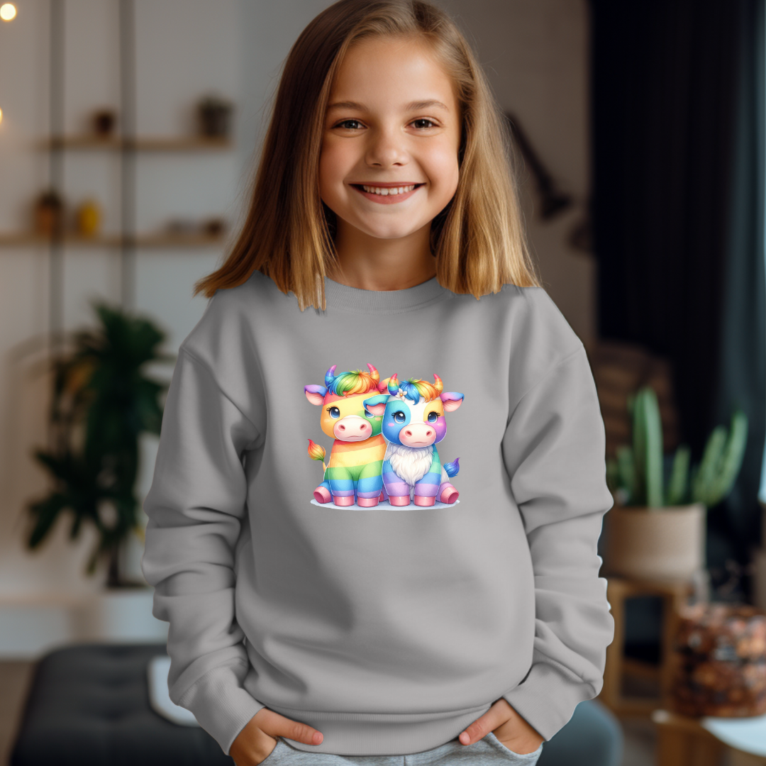Kid's Sweatshirt - Cute Rainbow Animal Scottish bulls