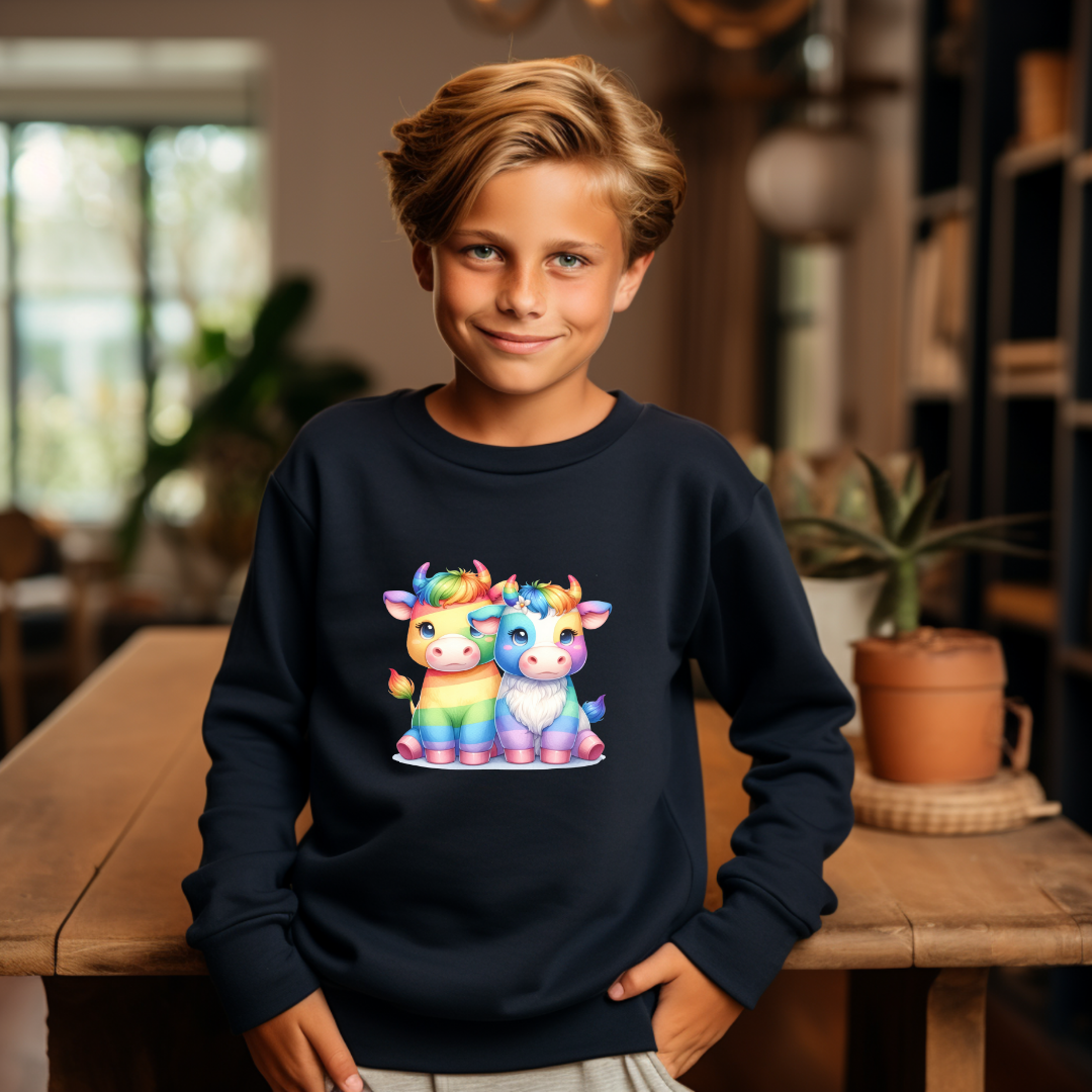 Kid's Sweatshirt - Cute Rainbow Animal Scottish bulls