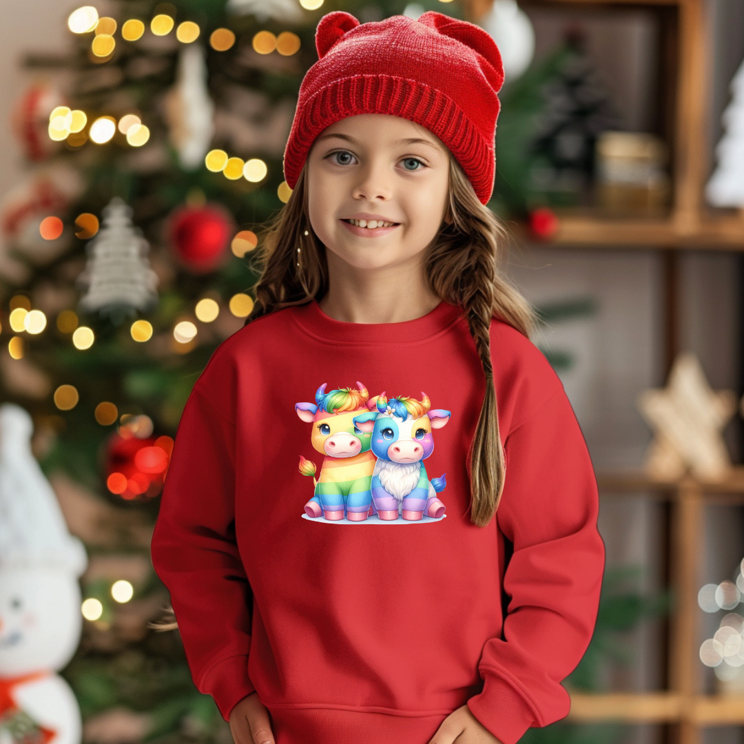 Kid's Sweatshirt - Cute Rainbow Animal Scottish bulls