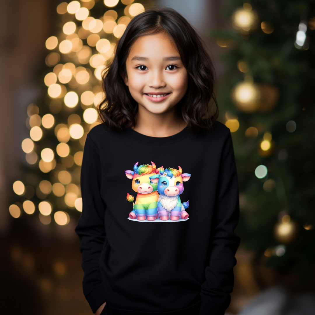 Kid's Sweatshirt - Cute Rainbow Animal Scottish bulls