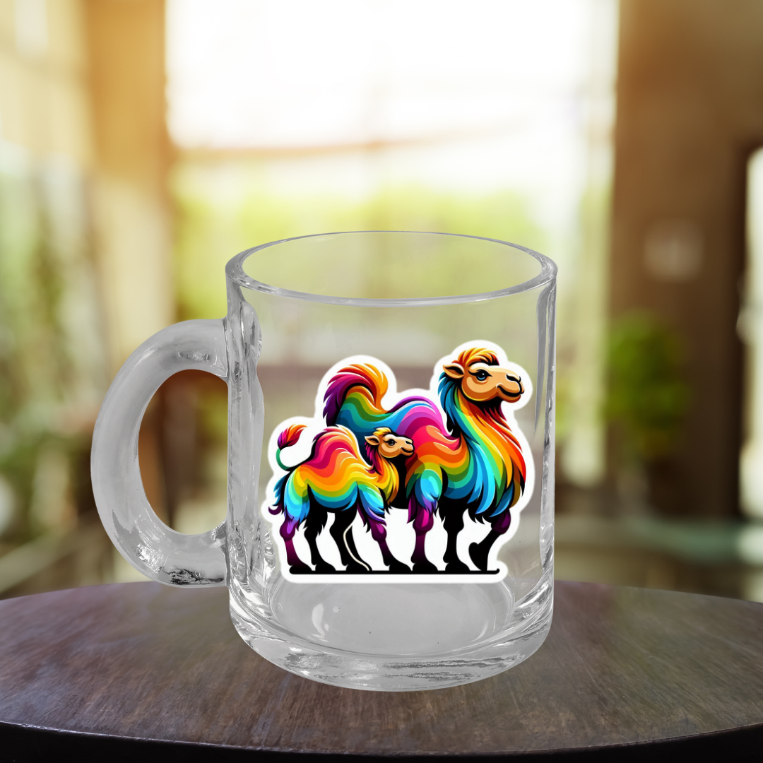 Rainbow Camels Glass Mug with Handle, 10oz