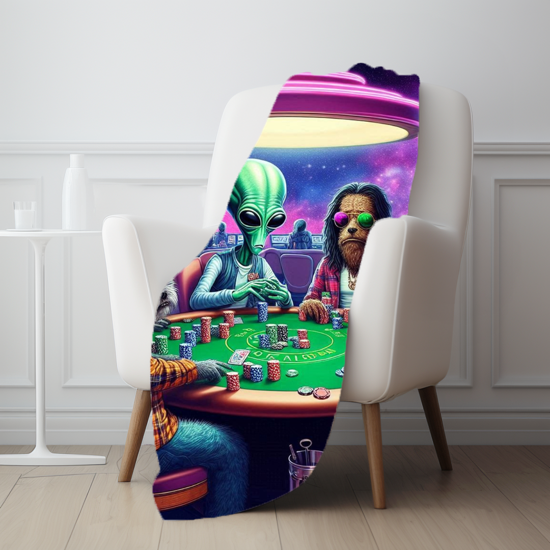 Aliens and Dogs playing Poker Velveteen Plush Blanket