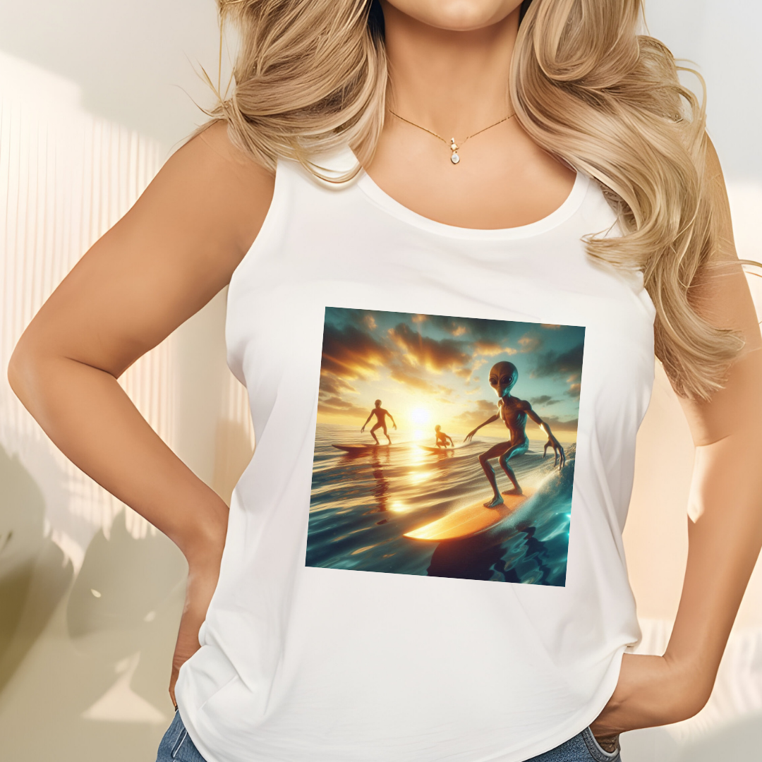 Sunset Surfing Aliens Racerback Tank