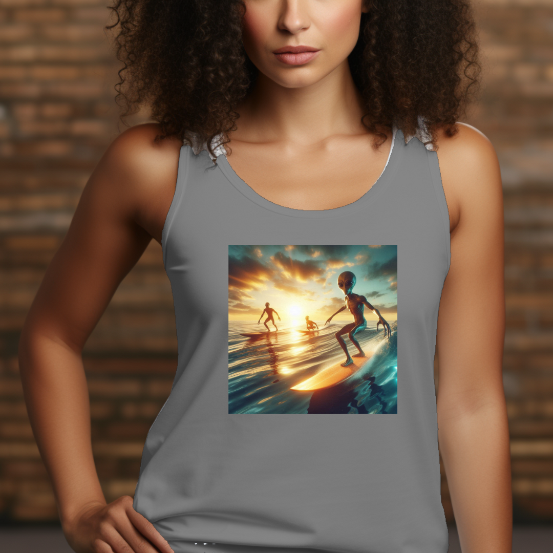 Sunset Surfing Aliens Racerback Tank