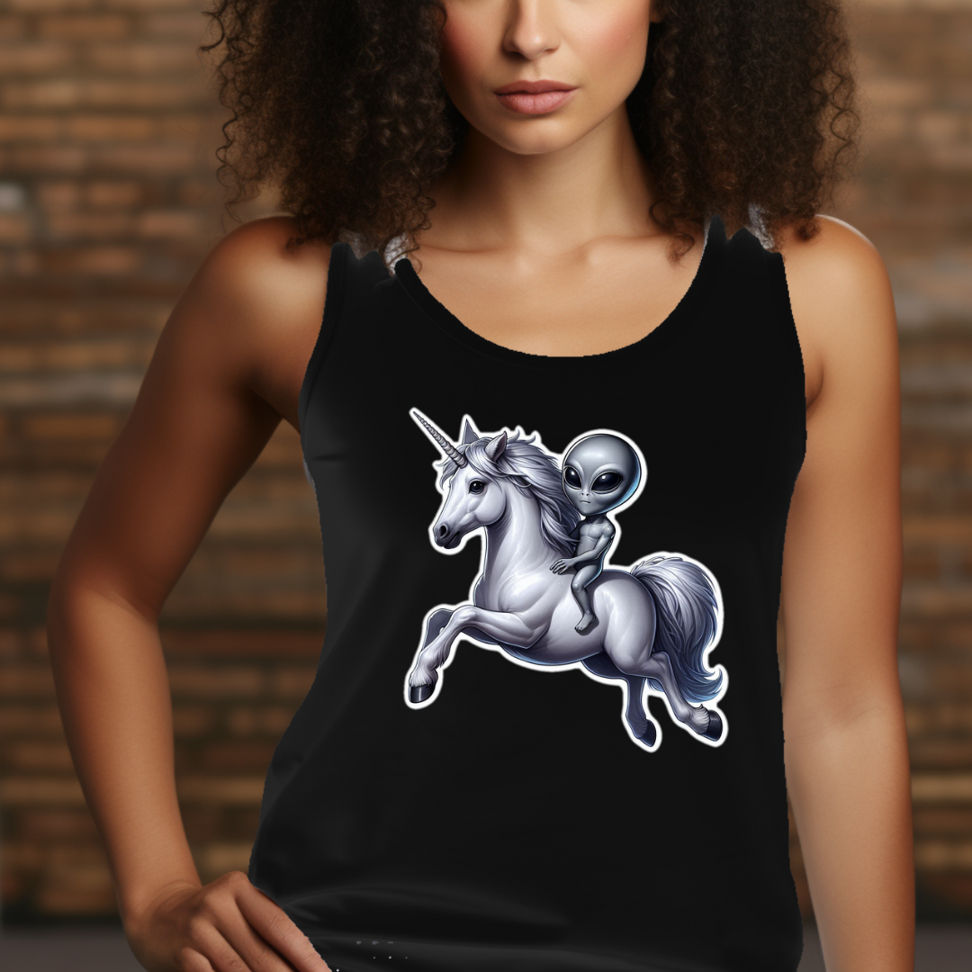 Alien Riding a Unicorn Racerback Tank