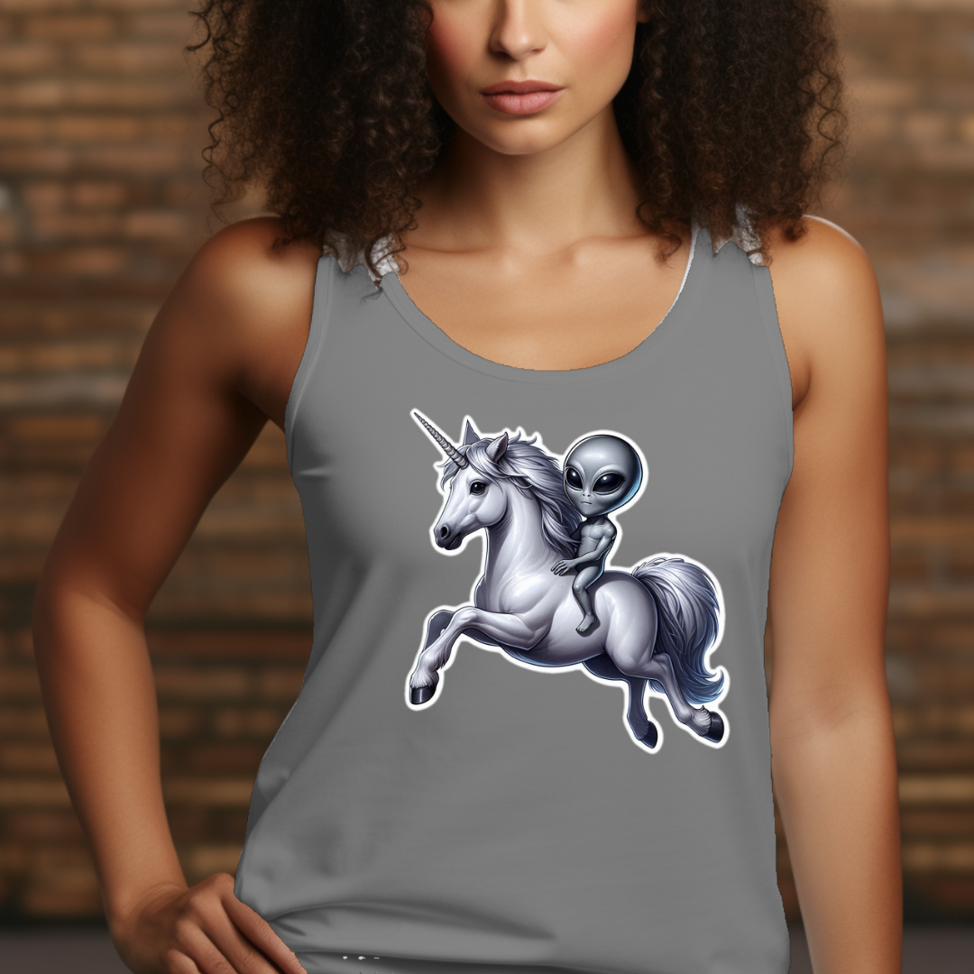 Alien Riding a Unicorn Racerback Tank
