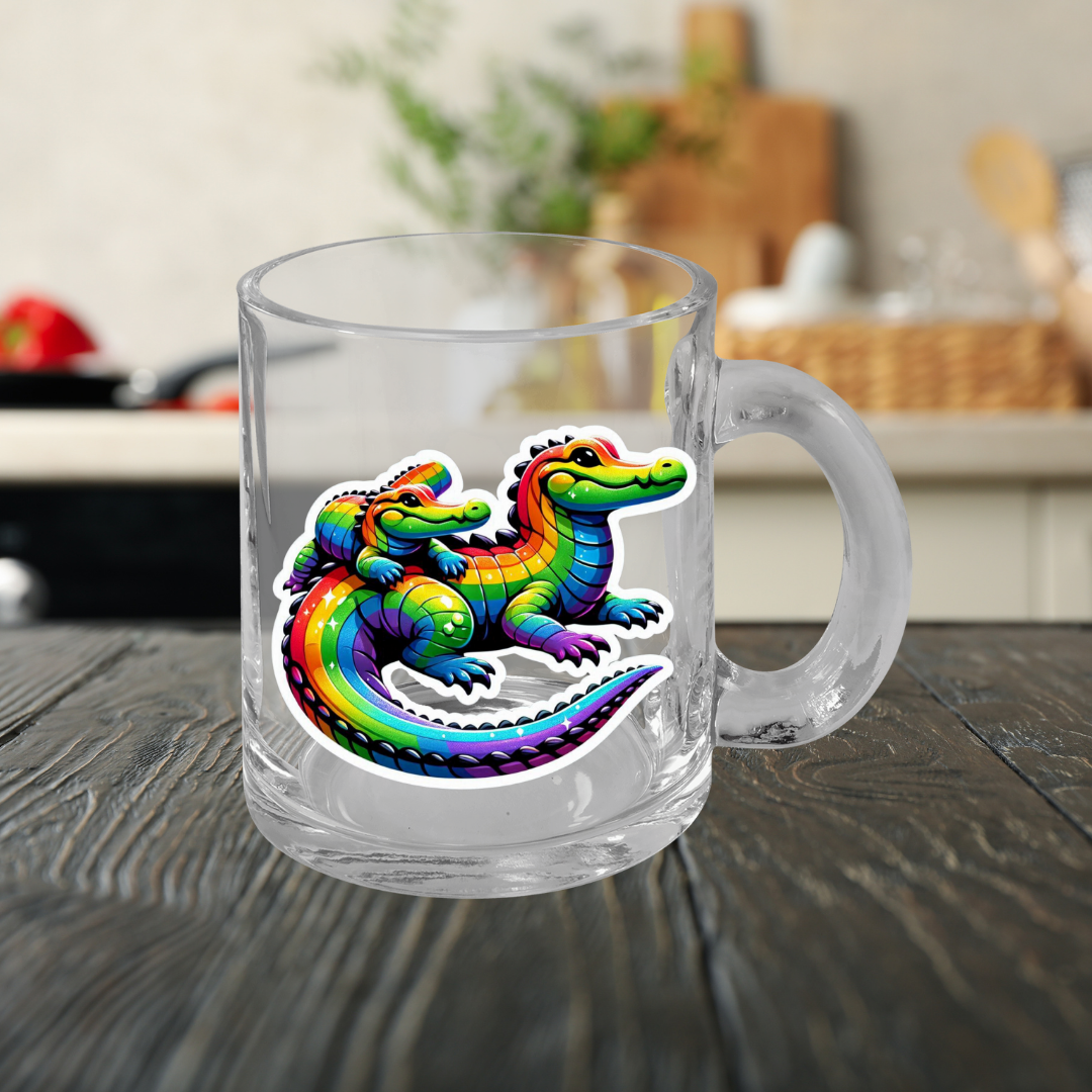 Rainbow Alligators Glass Mug with Handle, 10oz