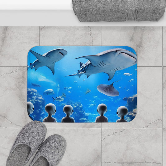Aliens watching Whale Sharks Bath Mat
