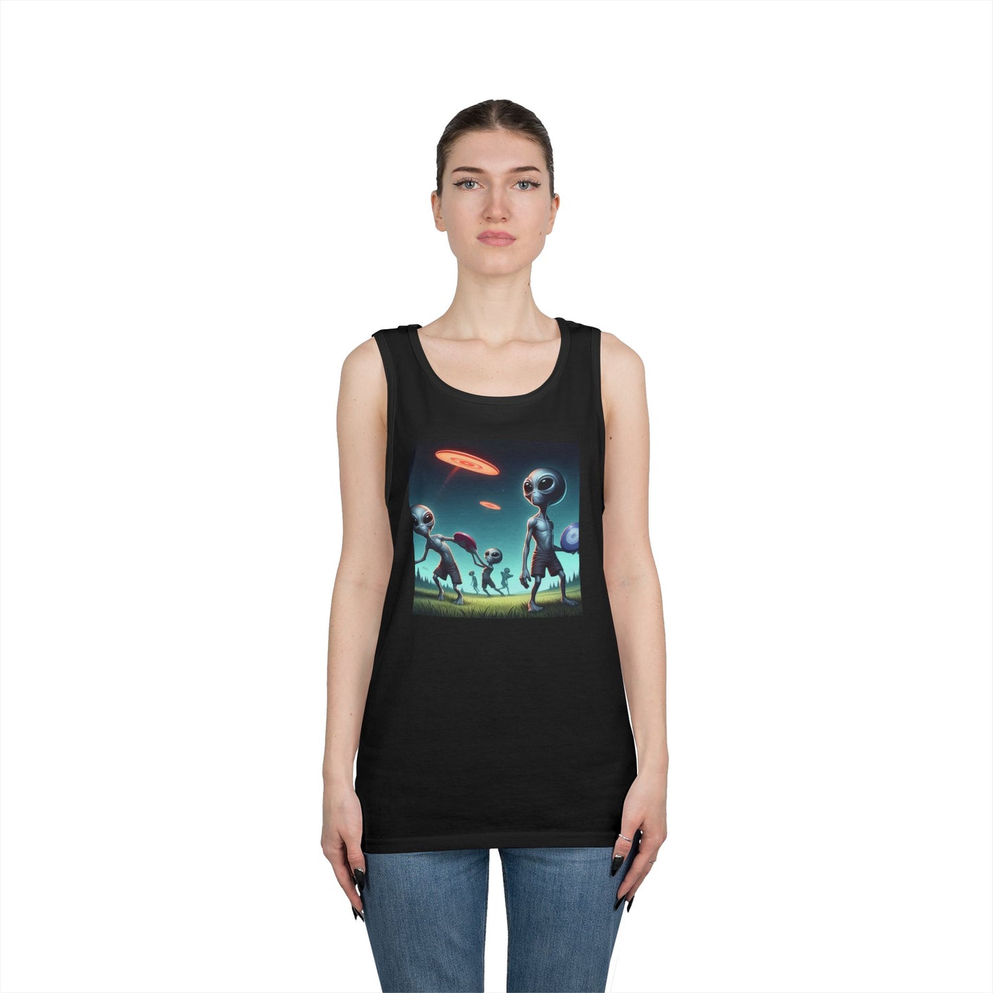Tank Top with Aliens Playing Disc Golf Design