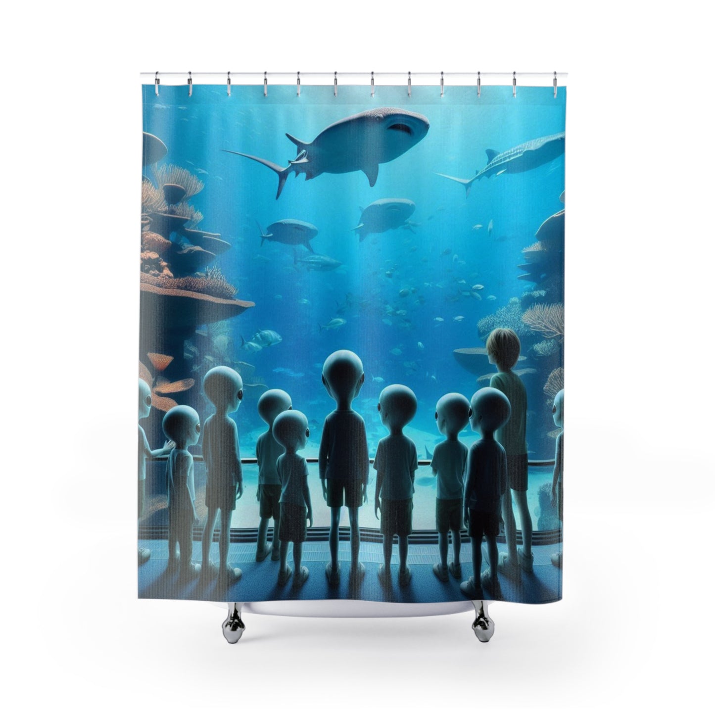 Aliens and Whale Sharks Shower Curtain