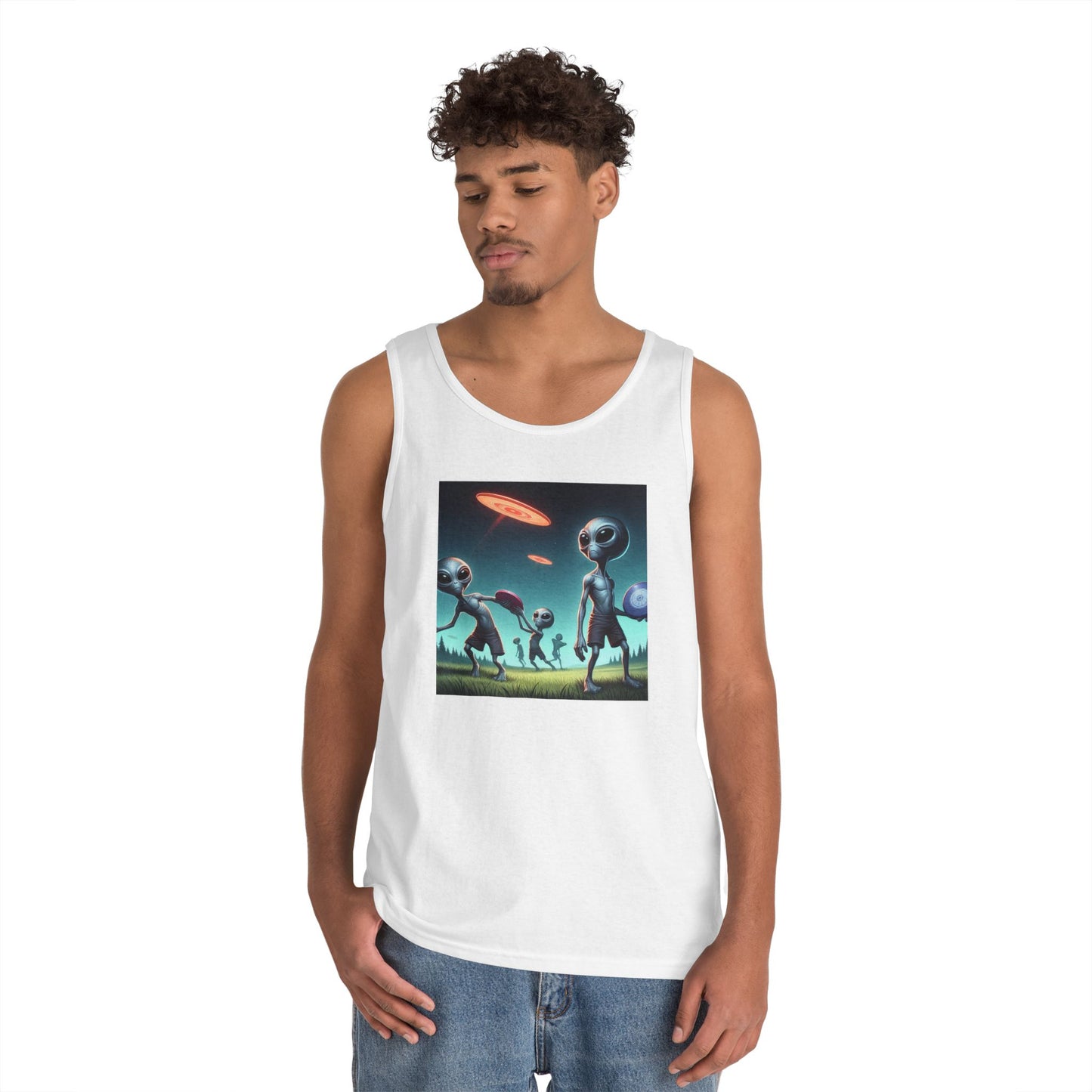 Tank Top with Aliens Playing Disc Golf Design