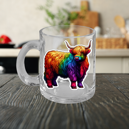Rainbow Highland Cow Glass Mug