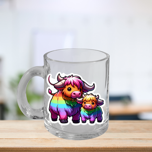 Rainbow Scottish Highlander Cows Glass Mug