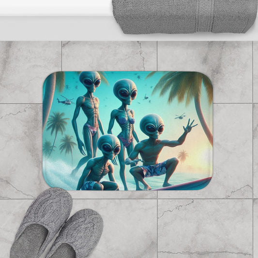 Surfing Aliens Bath Mat