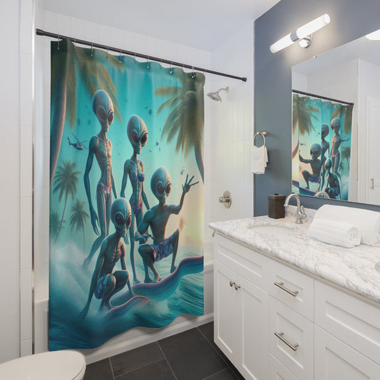 Surfing Aliens Shower Curtain