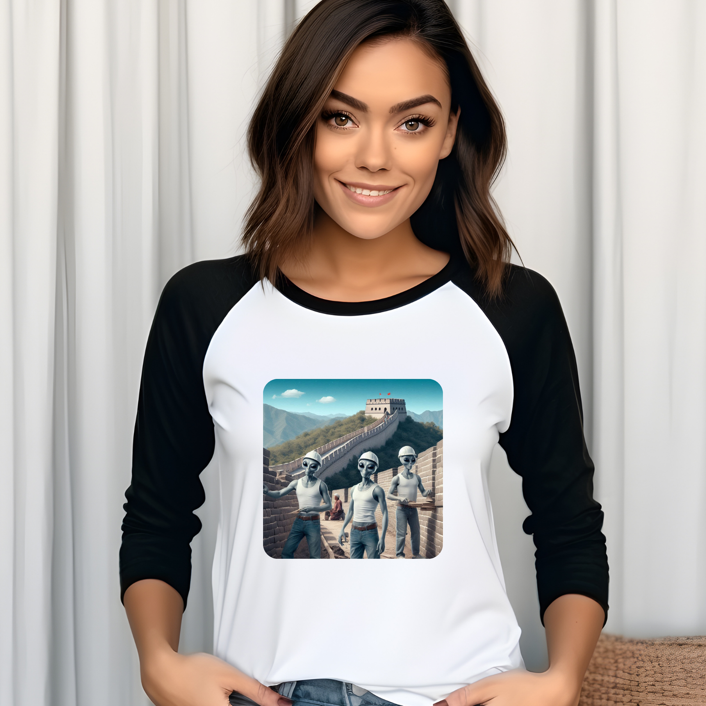 Baseball Tee - Aliens Building Great Wall of China