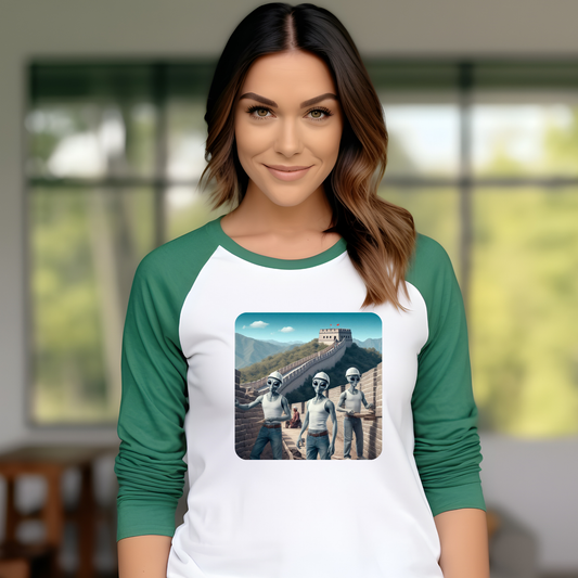 Baseball Tee - Aliens Building Great Wall of China